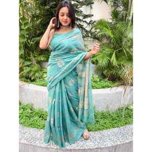 SAREE IMPRESO DIGITAL DE SEDA DE LINO DE DISEÑADOR CON BLUSA SIN COSTURA SKY - Product Image 1