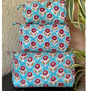 Jaipur Waterproof Hand Block Printed Quilted Cotton Travel Pouch Set Eco Friendly Durable Washable Organizer Daily Use Unisex - Product Image 3
