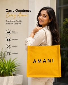Sac de shopping en jute Amani, moyen, jaune, imprimé lettres, avec poignées en corde, idéal pour la plage, les mariages, les courses et l'usage quotidien - Product Image 4