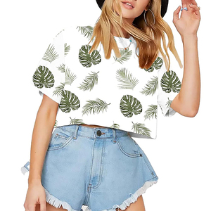 Women's <b>White</b> Tropical Leaf Print <b>Crop</b> <b>Top</b> Short Sleeve O-Neck Loose Fit Casual Summer T-Shirt 100% Cotton Jersey - Product Image 1