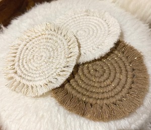 White and Brown Round Macrame Coasters Set Handmade Boho Table Decor Ideal for Home Dining Coffee and Kitchen Use From India - Product Image 1