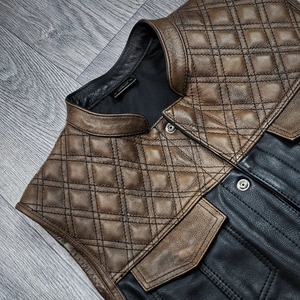 Custom Genuine Cowhide Leather Motorcycle <b>Vest</b> <b>Men's</b> <b>Black</b> Brown Quilted Shoulder Zip Front Biker Riding Waistcoat - Product Image 5