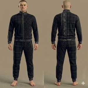 Men's Black Plaid Tracksuit Set Full Zip Jacket Joggers Printed Pattern Casual Autumn Wear Breathable Polyester Regular Fit - Product Image 1