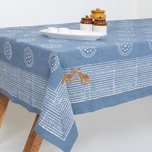 Blue Dabu Floral Print Hand Block Printed Pure Cotton Rectangle <b>Tablecloth</b> Indian Farmhouse Wedding <b>Round</b> <b>Table</b> Cover - Product Image 3