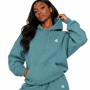   Ensemble de survêtement surdimensionné bleu sarcelle avec broderie personnalisée, sweat à capuche et pantalon de jogging à jambes larges en molleton épais pour femme, OEM - Product Image 2
