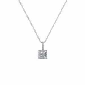 Collar de Moda con Cadena de Eslabones y Colgante de Diamantes Halo Corte Redondo y Princesa en Oro Blanco de 18K para Aniversario de Bodas y Fiestas - Product Image 1