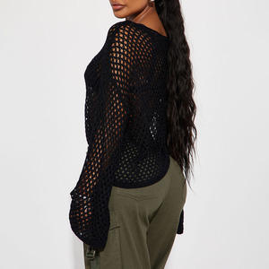 Hot Selling <b>Summer</b> Sexy Black Full Sleeves <b>Cardigan</b> Solid Breathable Knitted Crop Top Women Sweaters Knitted Top - Product Image 2