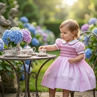 Vestido de Algodón para Niñas, Estilo Inglés, ODM OEM, Ecológico, Transpirable, Bonito, Satinado, Rosa, Sin Químicos, Hasta la Rodilla, con Vuelos