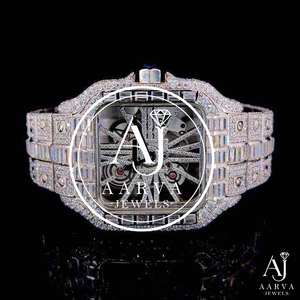 Montre mécanique squelette ETA en moissanite glacée, acier inoxydable carré, verre saphir, 40 mm, vintage, analogique, hip-hop, luxe - Product Image 1