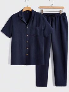 Plus Size Men Woven Linen Loungewear Set Short Sleeve Button-Up Shirt Elastic Waist <b>Trousers</b> Casual Homewear - Product Image 1