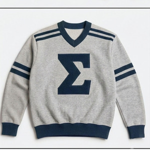 Pull en tricot gris pour homme à col en V avec appliqué Sigma bleu marine, coupe classique, style preppy, vêtement d'automne - Product Image 1