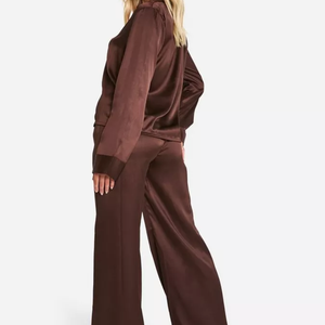 High-quality Women's Solid Stitching Thermal Breathable Soft <b>Summer</b> 100% Silk Velour Long Sleeve <b>Pyjamas</b> Suite Set Drawstring - Product Image 2