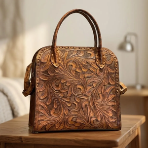 Hand-Tooled Genuine Leather Handbag for Women – Vintage Floral Carved <b>Shoulder</b> & Tote Bag - Product Image 4