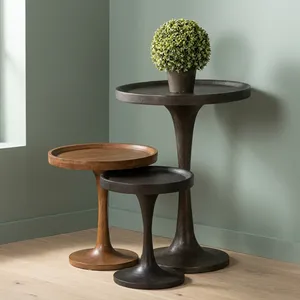Modern Handmade Round Wooden Side <b>Table</b> with Iron Legs <b>Nesting</b> Design Rajasthan Living Room Furniture - Product Image 1