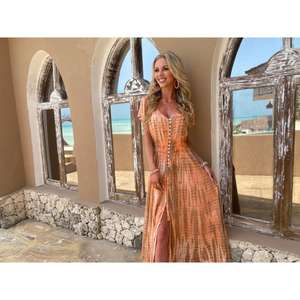 Vestido Maxi Bohemio Naranja Tie Dye para Mujer, Sin Mangas, Cuello en V, Abotonado, para Vacaciones en la Playa, Vestido de Verano - Product Image 2