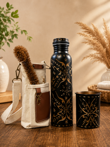 Black Engraved Metal Water <b>Bottle</b> Set with Copper Tumbler Carry Bag and Cleaning <b>Brush</b> Oriental Design Portable Travel Drinkware - Product Image 1