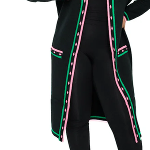 Cardigan long en tricot rose et vert, en laine épaisse/cachemire, avec doublure polaire pour l'hiver, style sororité, ouvert sur le devant, avec poches, coupe ajustée - Product Image 5