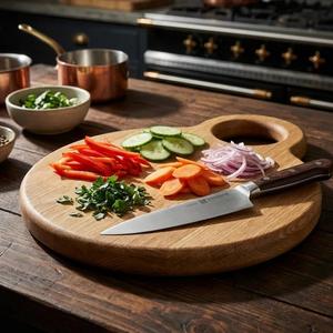 Planche à découper en bois d'acacia, design rond avec poignée, épaisse, durable, sûre pour les couteaux, parfaite pour couper, servir et une utilisation élégante en cuisine - Product Image 6