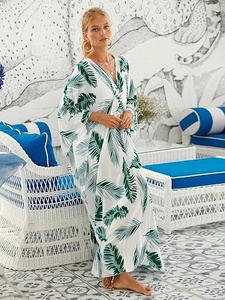 Tropical Print V Neck Maxi Dress Loose Batwing Sleeve Chiffon Wrap Front Summer Beachwear Women's Boho Long Dress - Product Image 4
