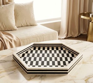 Geometric Hexagonal Checkerboard Resin Inlay MDF Natural Crafts Arabic serving trays Modern Home Decor Durable Serving Tray - Product Image 1