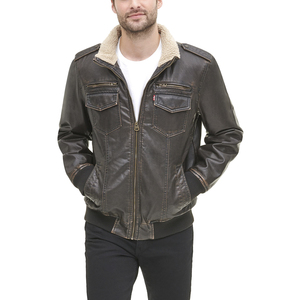 Blouson moto en cuir véritable marron pour homme, respirant, col montant, fermeture éclair, coupe classique, doublure en fausse fourrure pour l'hiver, décontracté - Product Image 6