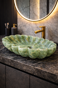 Lavabo de baño de lujo moderno de ónix verde ecológico, tallado a mano con forma de flor, lavabo de tocador. - Product Image 4