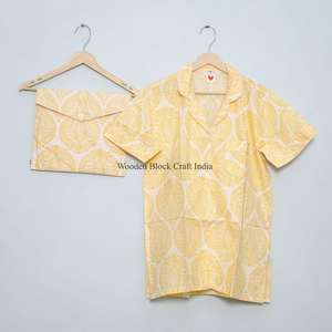 Conjunto de Pijama Corto 100% Algodón Puro, Elegante y Clásico, Estampado a Mano, con Bolsillos, Suave y Transpirable, Ideal para Vacaciones de Verano - Product Image 2