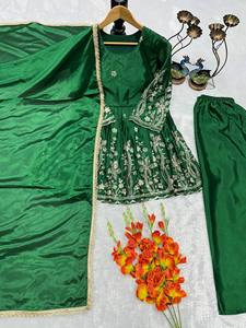 TENNECY New Designer Collection Fully Stitched Stretchable Ready-to-Wear Indian Pakistani CHINON SILK <b>Top</b> Pant Dupatta Set - Product Image 5