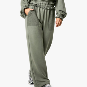 Pantalon décontracté d'hiver pour femme, coupe oversize, couleur unie, devant plat, taille mi-haute élastique, 100 % coton molletonné respirant, jambe droite classique - Product Image 5