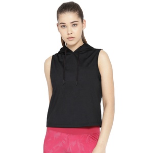 Sudadera sin mangas con capucha para mujer, negra, de punto, poliéster transpirable, corte regular, ropa informal de verano - Product Image 1