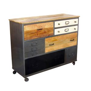 Commode d'appoint industrielle multi-tiroirs L 120 cm en bois de récupération et métal, fabriquée à la main, meuble de rangement mobile facilement déplaçable, style antique pour salon - Product Image 4
