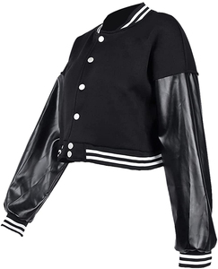 Chaqueta Varsity Unisex Negra con Mangas de Cuero PU, Cuello Redondo, Cierre de Botones, Estilo Casual para Otoño, Corte Regular y Corto - Product Image 5