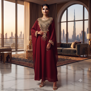 Caftán Farasha de Lujo Color Granate con Bordado Dorado Intenso |   Elegante Vestido Abaya Estilo Dubái - Product Image 1
