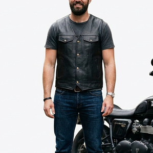 Chaleco de cuero genuino negro personalizado para hombre, estilo motero occidental, chaleco de motociclista de piel de vaca con cinturón trasero ajustable, chaleco unisex - Product Image 2