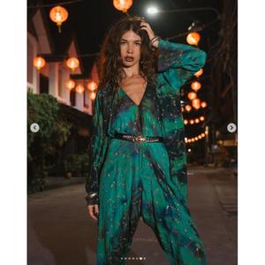 Combinaison élégante pour femmes, style bohème, broderie florale, sans manches, col en V, longueur intégrale, coupe ample, printemps été, en rayonne et coton transparent - Product Image 6