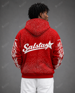 Custom <b>Red</b> Rhinestone Pullover Hoodie with Graphic Sleeves, Oversized Streetwear <b>Sweatshirt</b>, Premium Custom Logo Hoodie for <b>Men</b> - Product Image 2