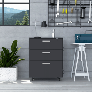 Armadietto Danbury a tre cassetti con piano superiore e quattro ruote nere - Organizer per e-commerce Depot - Product Image 1