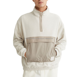 Oem Quarter Zip Oversized Sweatshirt Big Zipper Pouch Pocket <b>Brown</b> Trims Drop Shoulder Light Weigh Sherpa Pullover - Product Image 6