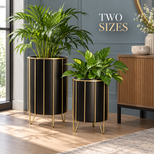 Ensemble de pots cylindriques noirs et dorés pour l'intérieur |   Jardinières surélevées en métal avec pieds pour salon, hôtel, bureau, maison, jardin - Ensemble de décoration - Product Image 2