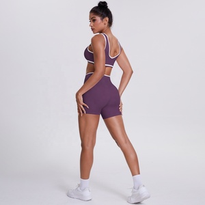 Purple Two-Piece Yoga Set Racerback <b>Crop</b> <b>Top</b> High Waist Shorts Seamless Contrast Binding Four-Way Stretch - Product Image 3
