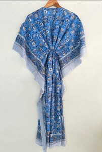 Elegante Vestido Kaftán de Algodón con Estampado Floral Azul, Estilo Bohemio, Holgado, Informal, Largo, para Mujer - Product Image 4