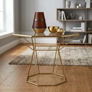Mesa Auxiliar de Hierro con Acabado Dorado y Tapa de Vidrio, Mesa de Estilo Moderno para Sala de Estar, Dormitorio, Hotel, Decoración del Hogar - Product Image 4