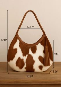 กระเป๋าหนังวัวแบบโฮโบ: หนังมีขนพร้อมหูจับหนังถักสไตล์ตะวันตก - Product Image 2