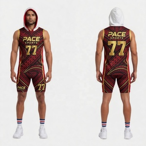 ชุดยูนิฟอร์ม 7v7 แบบซับลิเมชั่นสีแดง ดำ ทอง ลายชนเผ่า พร้อมเสื้อกล้ามมีฮู้ดและกางเกงรัดรูป - Product Image 1
