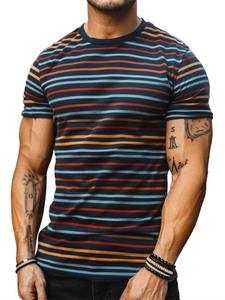 Camiseta de Manga Corta con Cuello Redondo y Rayas para Hombre, Corte Regular, Informal, de Algodón Tejido Transpirable de 320 g, Diseño Estampado, Patrón Multicolor - Product Image 4