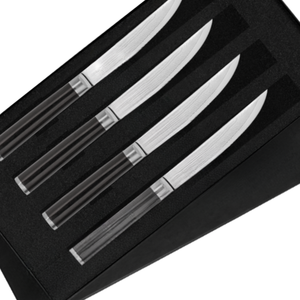 Juego de 4 cuchillos para carne de acero de Damasco, hojas afiladas para rebanar con mangos de madera Pakkawood negra, caja de regalo para cortar carne de res y cenas. - Product Image 6