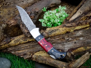 Cuchillo Plegable de Acero de Damasco Personalizado, Grado Industrial, para Camping, Hoja de Borde Recto, Mango de Madera, Funda de Cuero, ODM/OBM - Product Image 5