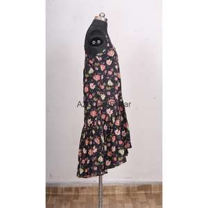 Robe moulante mi-longue en coton pur tricoté, écologique, à col en V, imprimé floral numérique et volants, pour femme - Product Image 6