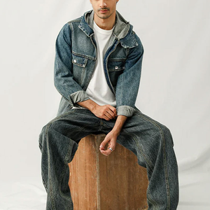 URBANGAZER Men's Denim Varsity Jacket High Street Denim <b>Covered</b> <b>Button</b> Closure Casual Style Winter Wear Regular Fit Solid Color - Product Image 2