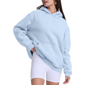 Sweat-shirt respirant à capuche en coton peluche brodé, couleur unie, manches longues, style streetwear, effet délavé vintage pour femme - Product Image 2